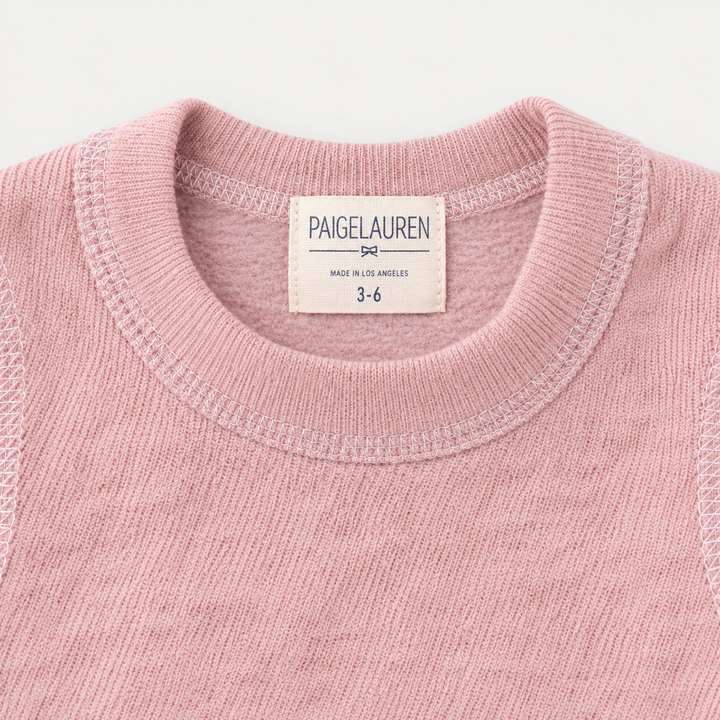 PAIGELAUREN Pink Brushed Hacci Pullover crewneck and label detail