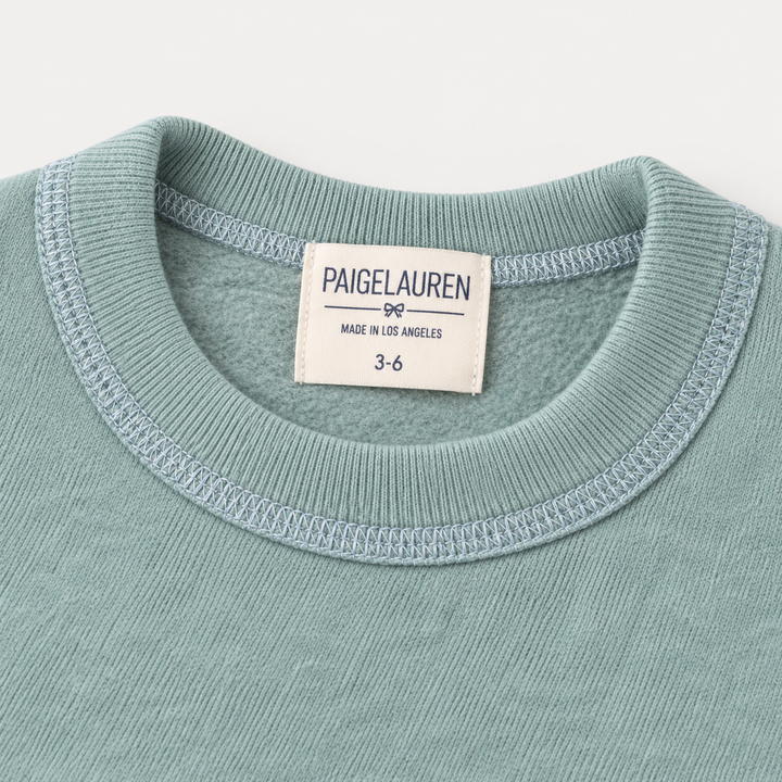 PAIGELAUREN Seafoam Green Brushed Hacci Pullover crewneck and label detail