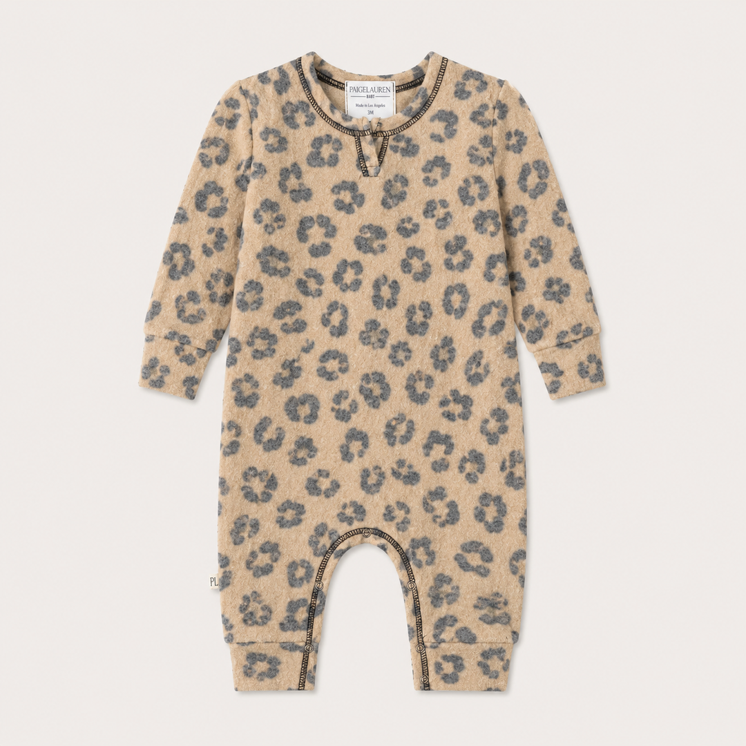 PAIGELAUREN Brushed Hacci Animal Henley Romper in soft brushed Hacci knit with tonal animal print. Black/Taupe