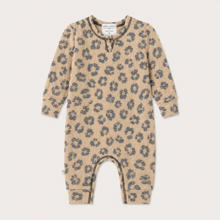 PAIGELAUREN Brushed Hacci Animal Henley Romper in soft brushed Hacci knit with tonal animal print. Black/Taupe
