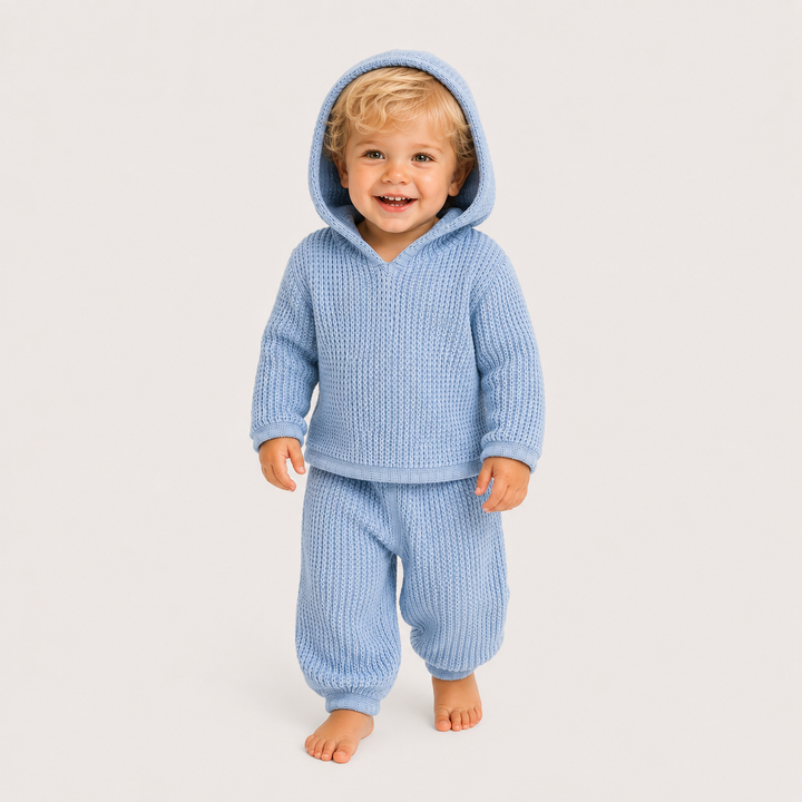 Toddler wearing PAIGELAUREN Chunky Thermal Hoodie Set in Powder Blue