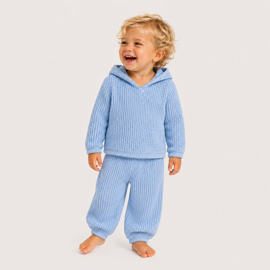 Toddler wearing PAIGELAUREN Chunky Thermal Hoodie Set in Powder Blue
