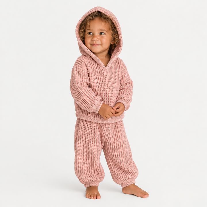 A toddler with curly hair stands barefoot wearing a dusty pink waffle-knit hooded sweatshirt and matching pants against a clean white background.
