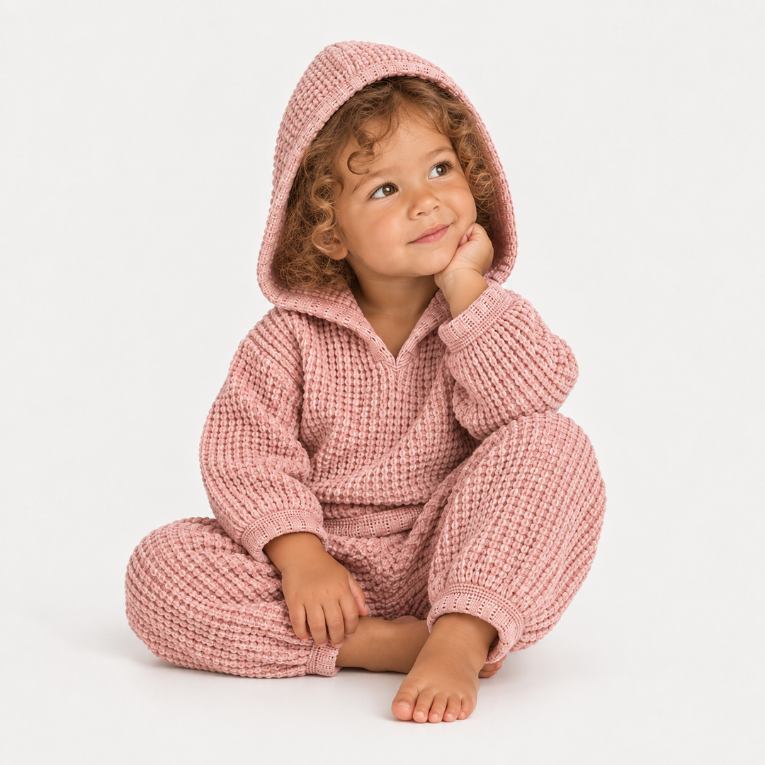 Toddler wearing PAIGELAUREN Chunky Thermal Hoodie Set in Shell Pink