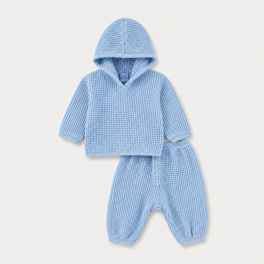 PAIGELAUREN Chunky Thermal Loungewear Hoodie Set in Powder Blue for baby and toddler