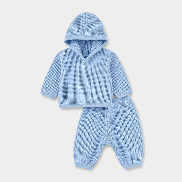 PAIGELAUREN Chunky Thermal Loungewear Hoodie Set in Powder Blue for baby and toddler