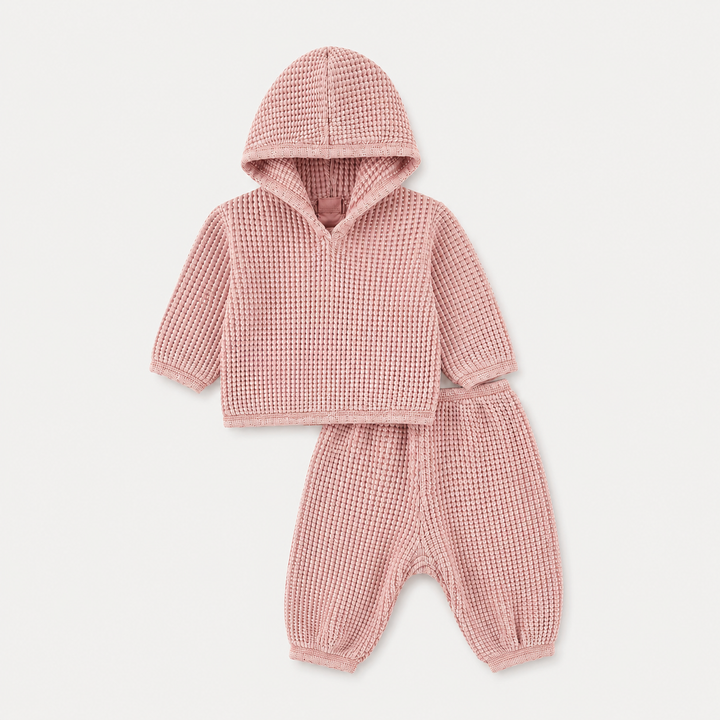 PAIGELAUREN Chunky Thermal Loungewear Hoodie Set in Shell Pink for baby and toddler