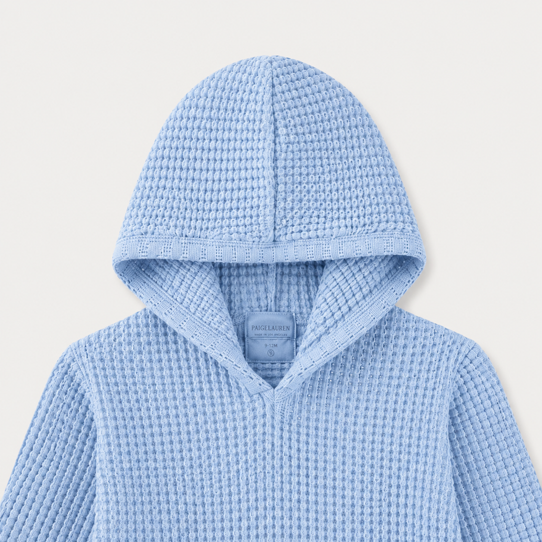 Close-up of PAIGELAUREN Powder Blue chunky thermal hoodie neckline and hood