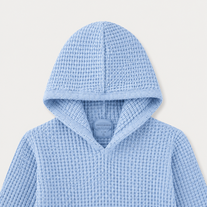 Close-up of PAIGELAUREN Powder Blue chunky thermal hoodie neckline and hood