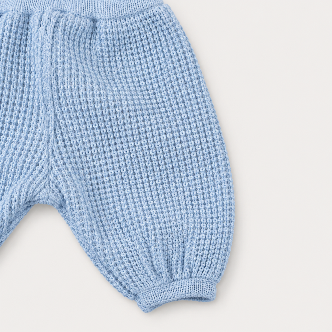 Close-up of PAIGELAUREN Powder Blue chunky thermal pant construction and waffle texture