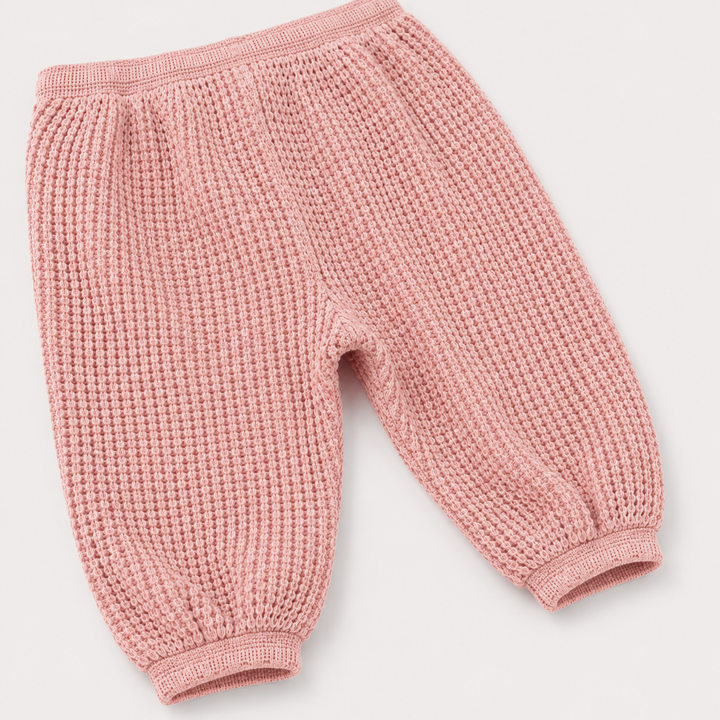 Close-up of PAIGELAUREN Shell Pink chunky thermal pant and waffle knit texture