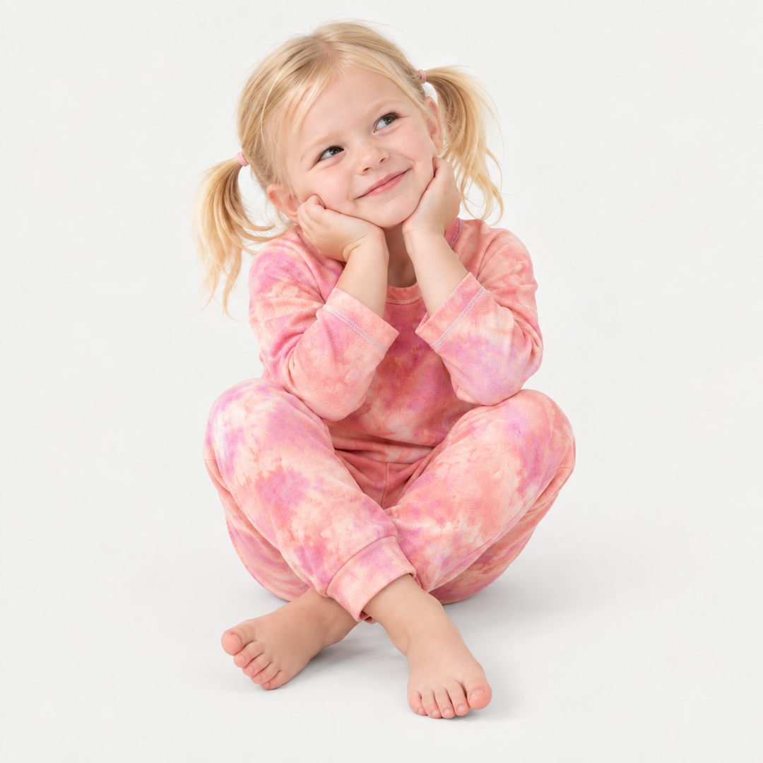 Child in coral pink French terry tee and jogger set by PAIGELAUREN