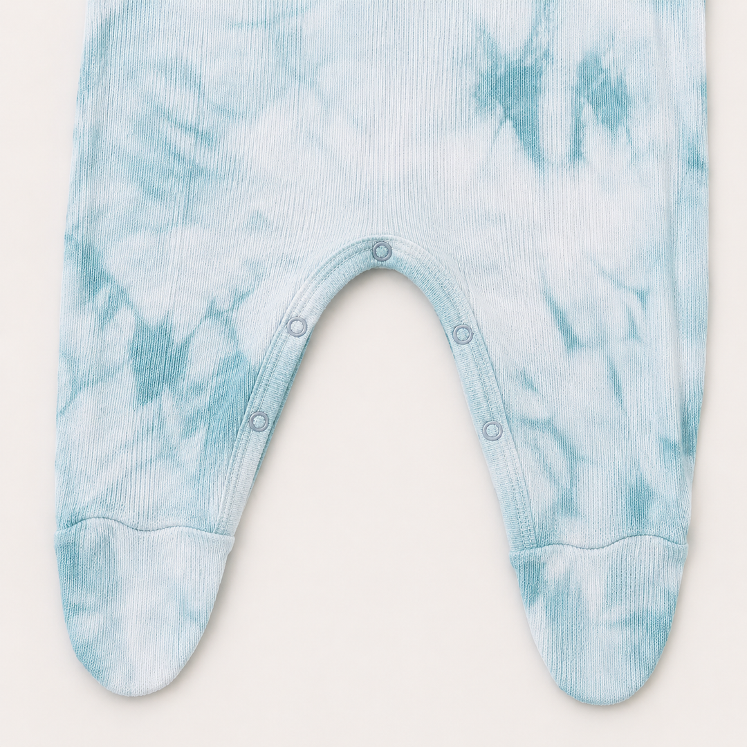 Snap closure and Aqua Crystal hand-dyed detail on PAIGELAUREN baby footie pajama