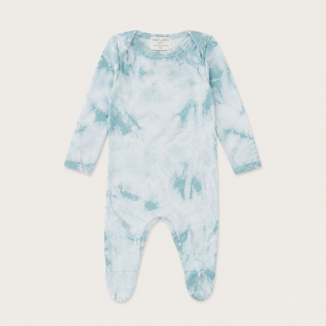 PAIGELAUREN Crystal Rib Footie Pajama in Aqua Crystal with hand-dyed marble finish