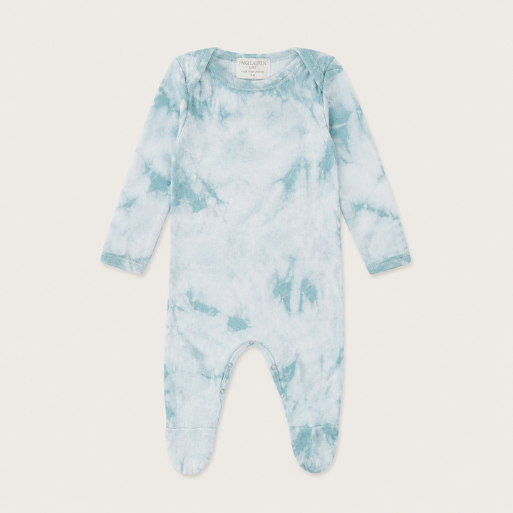 PAIGELAUREN Crystal Rib Footie Pajama in Aqua Crystal with hand-dyed marble finish