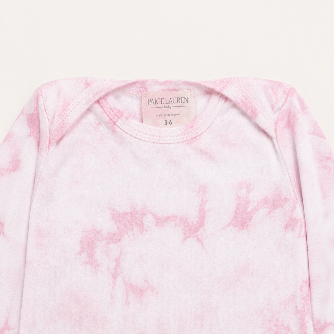 Lap shoulder neckline detail on PAIGELAUREN Pink Crystal Rib Footie Pajama