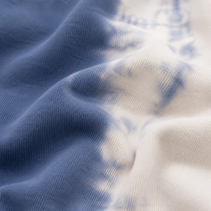 Close-up of PAIGELAUREN super soft fleece and hand-dyed Dark Blue Tie Dye finish