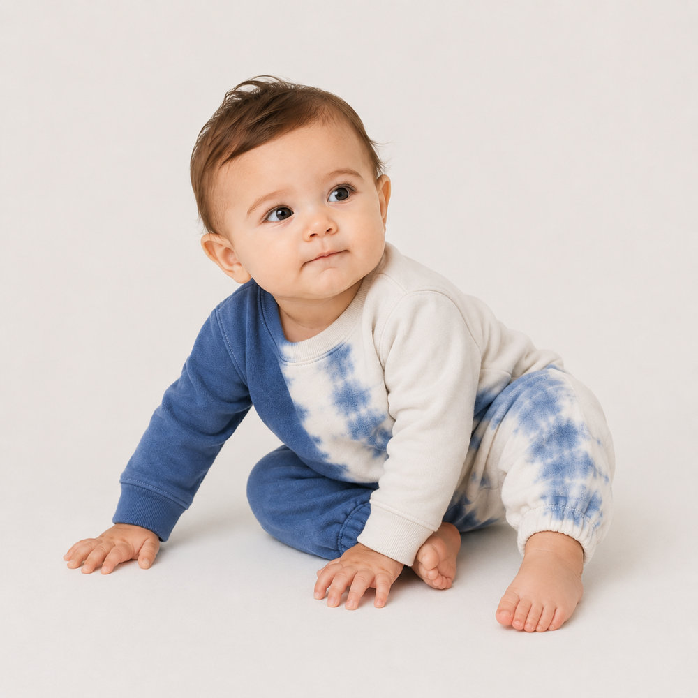 Baby wearing the PAIGELAUREN Super Soft Fleece Tie Dye Set in Dark Blue Tie Dye