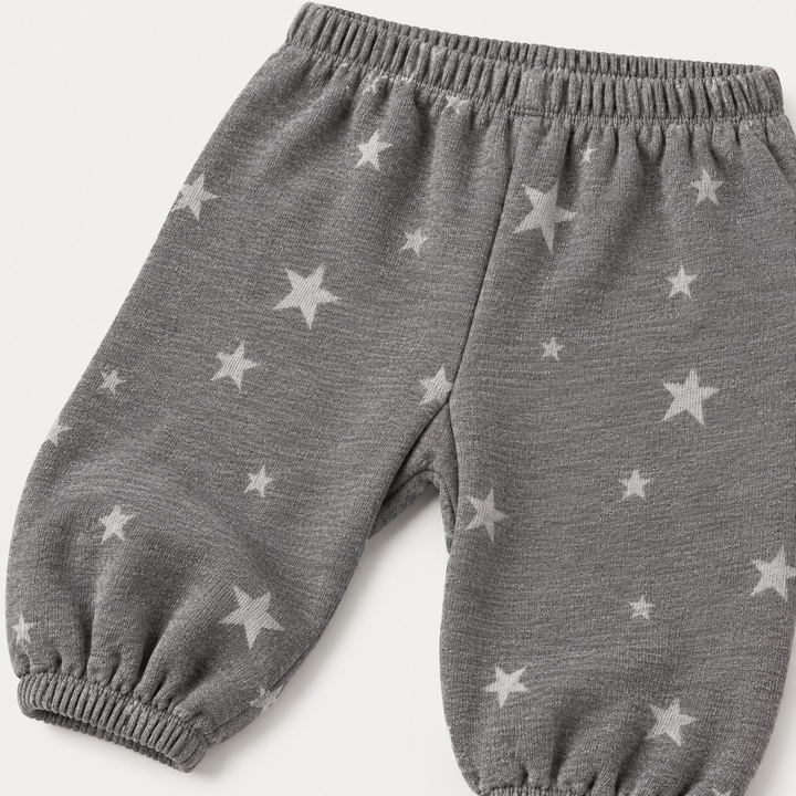 PAIGELAUREN Dark Gray Star Fleece Baggy Pant waistband, seam and ankle detail