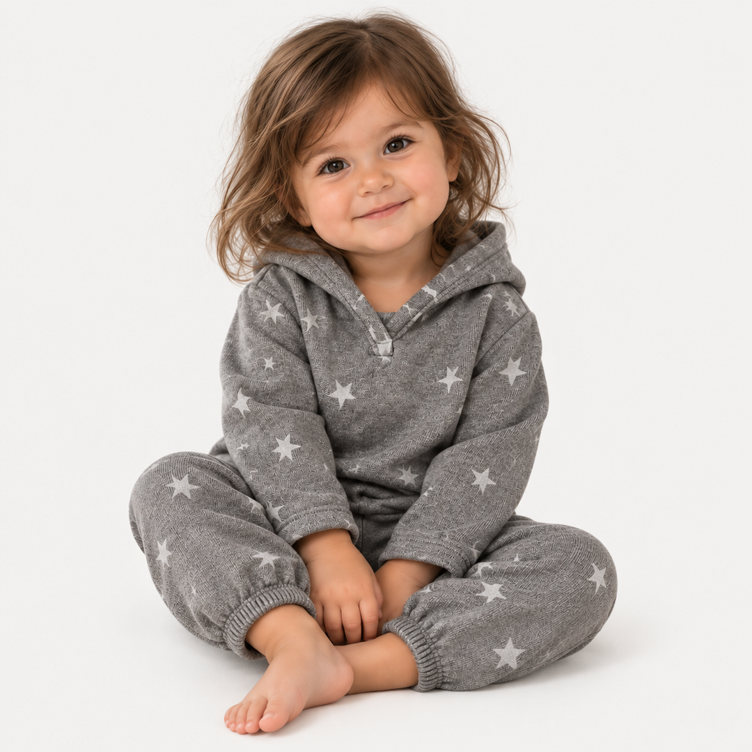 Baby girl in PAIGELAUREN Dark Gray Star Fleece Hoodie and Baggy Pant Set