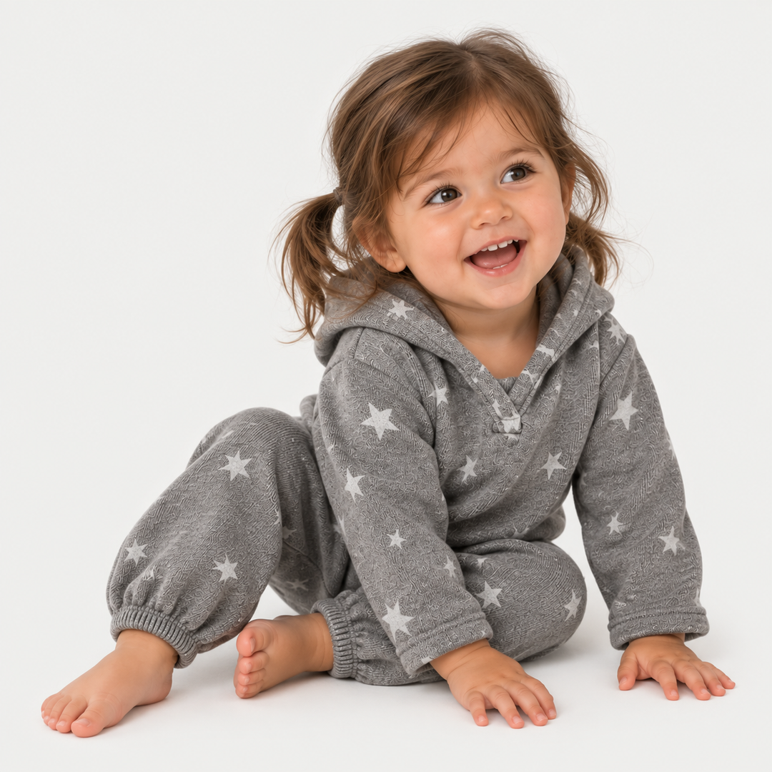 Baby girl wearing PAIGELAUREN Dark Gray Star Fleece Hoodie and Baggy Pant Set