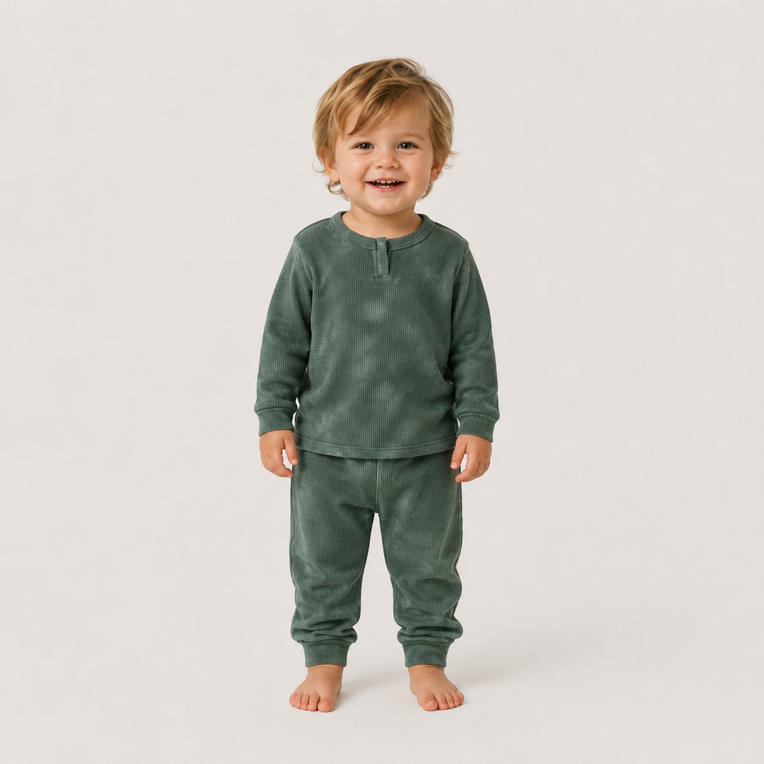 Baby wearing PAIGELAUREN Dark Hunter Green Marble Thermal Henley Tee and Legging Set