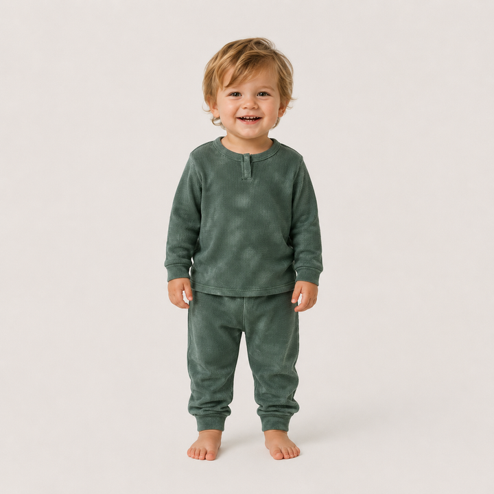 Baby wearing PAIGELAUREN Dark Hunter Green Marble Thermal Henley Tee and Legging Set