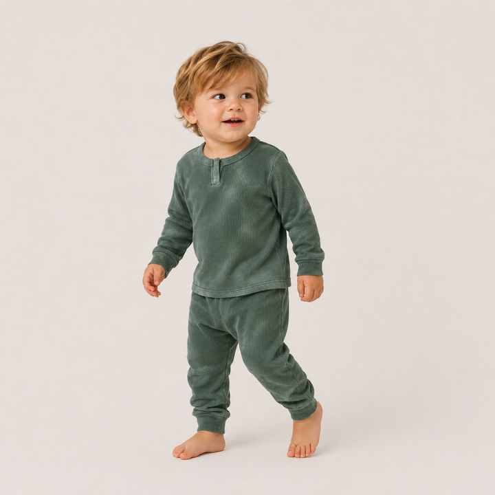 Toddler wearing PAIGELAUREN Dark Hunter Green Marble Thermal Henley Tee and Legging Set