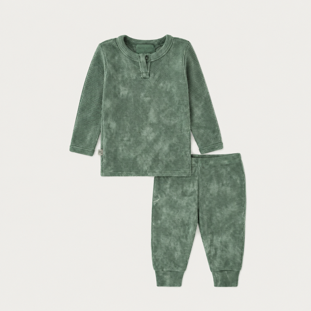 PAIGELAUREN Dark Hunter Green Marble Thermal Henley Tee and Legging Set, hand dyed in Los Angeles
