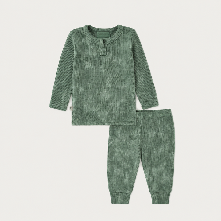 PAIGELAUREN Dark Hunter Green Marble Thermal Henley Tee and Legging Set, hand dyed in Los Angeles