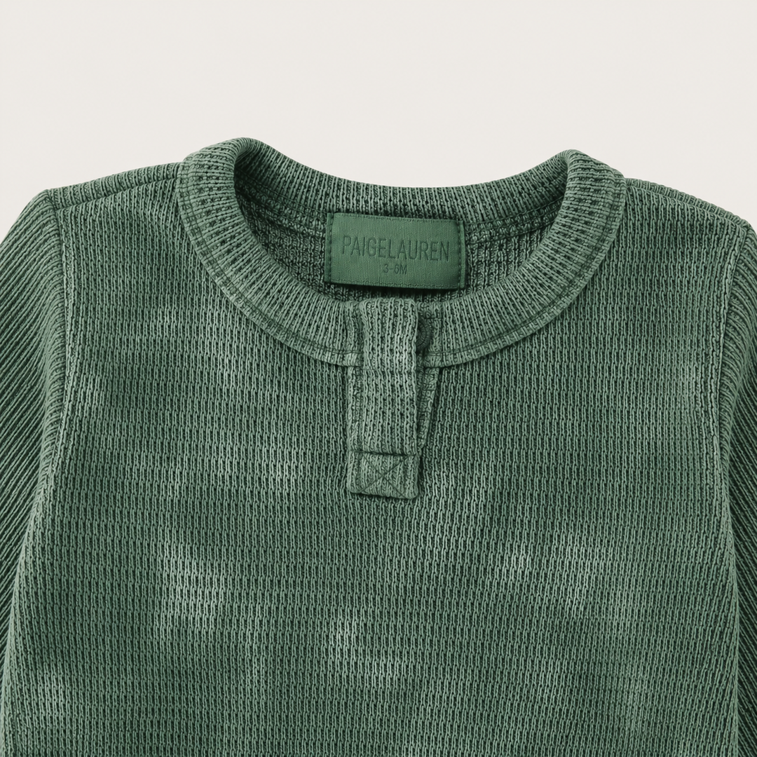 Dark Hunter Green Marble Thermal open henley neckline detail with PAIGELAUREN garment-dyed label
