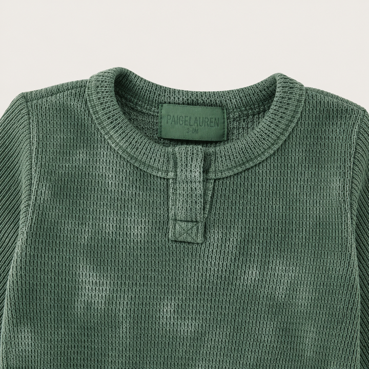 Dark Hunter Green Marble Thermal open henley neckline detail with PAIGELAUREN garment-dyed label