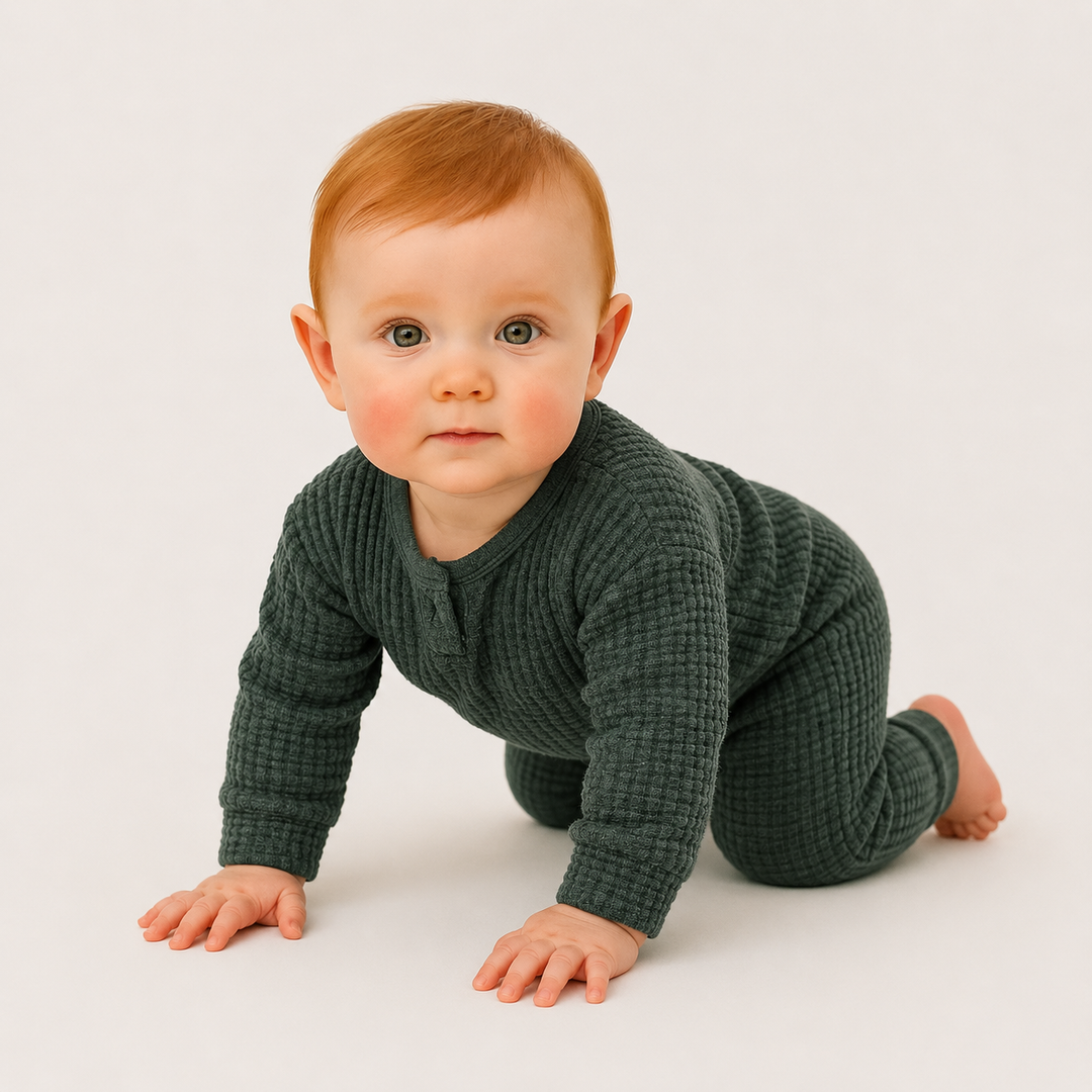 Crawling baby wearing the PAIGELAUREN Dark Green Chunky Thermal Romper.