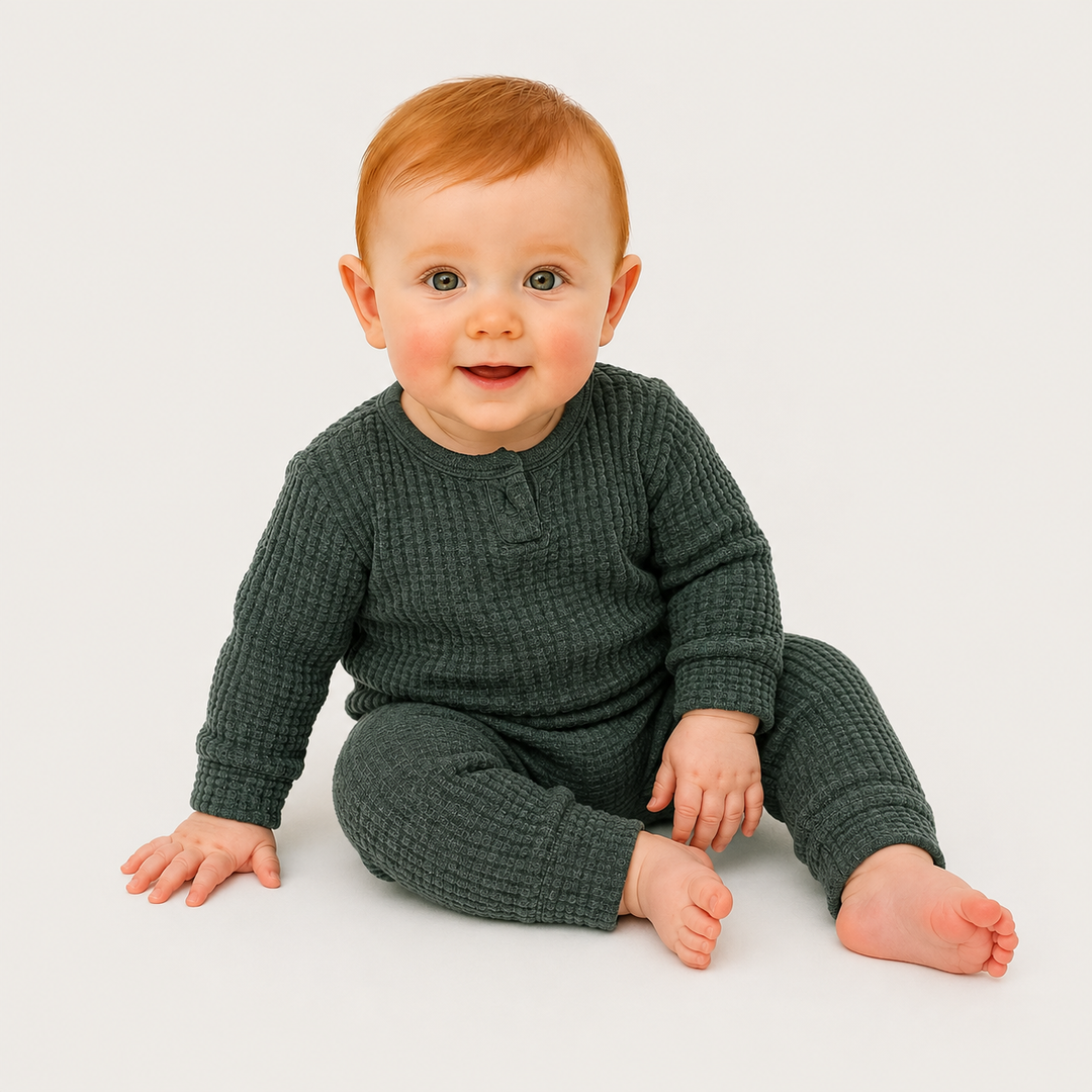 Baby wearing the PAIGELAUREN Dark Green Chunky Thermal Romper in a minimalist studio.