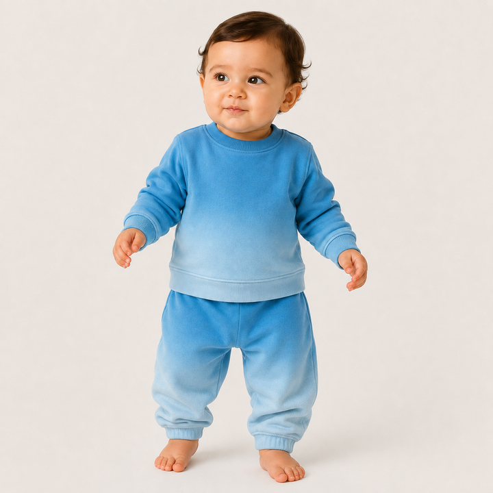 Baby wearing the PAIGELAUREN Ombre Blue Dip Dye Fleece Sweatshirt and Sweatpant Set