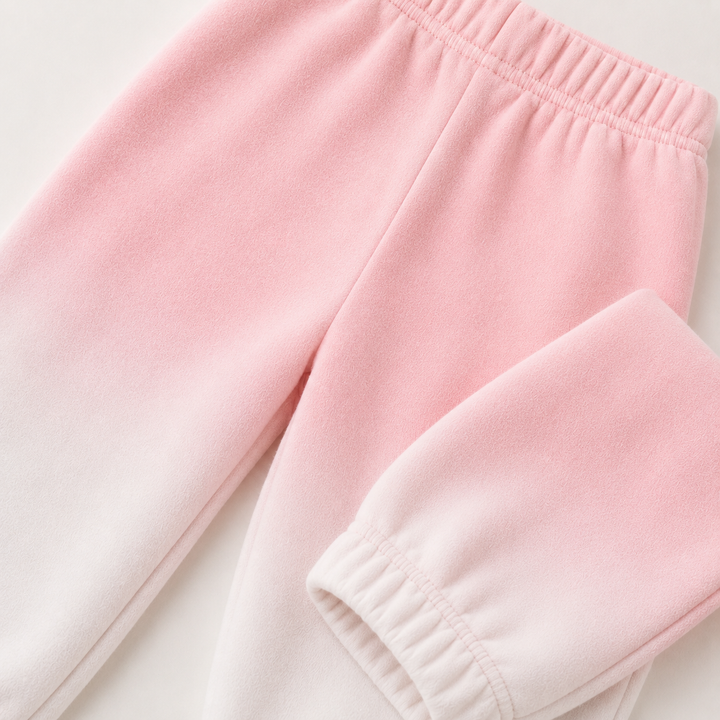 Close-up of PAIGELAUREN Ombre Pink dip dye fleece sweatpant construction and elastic waistband