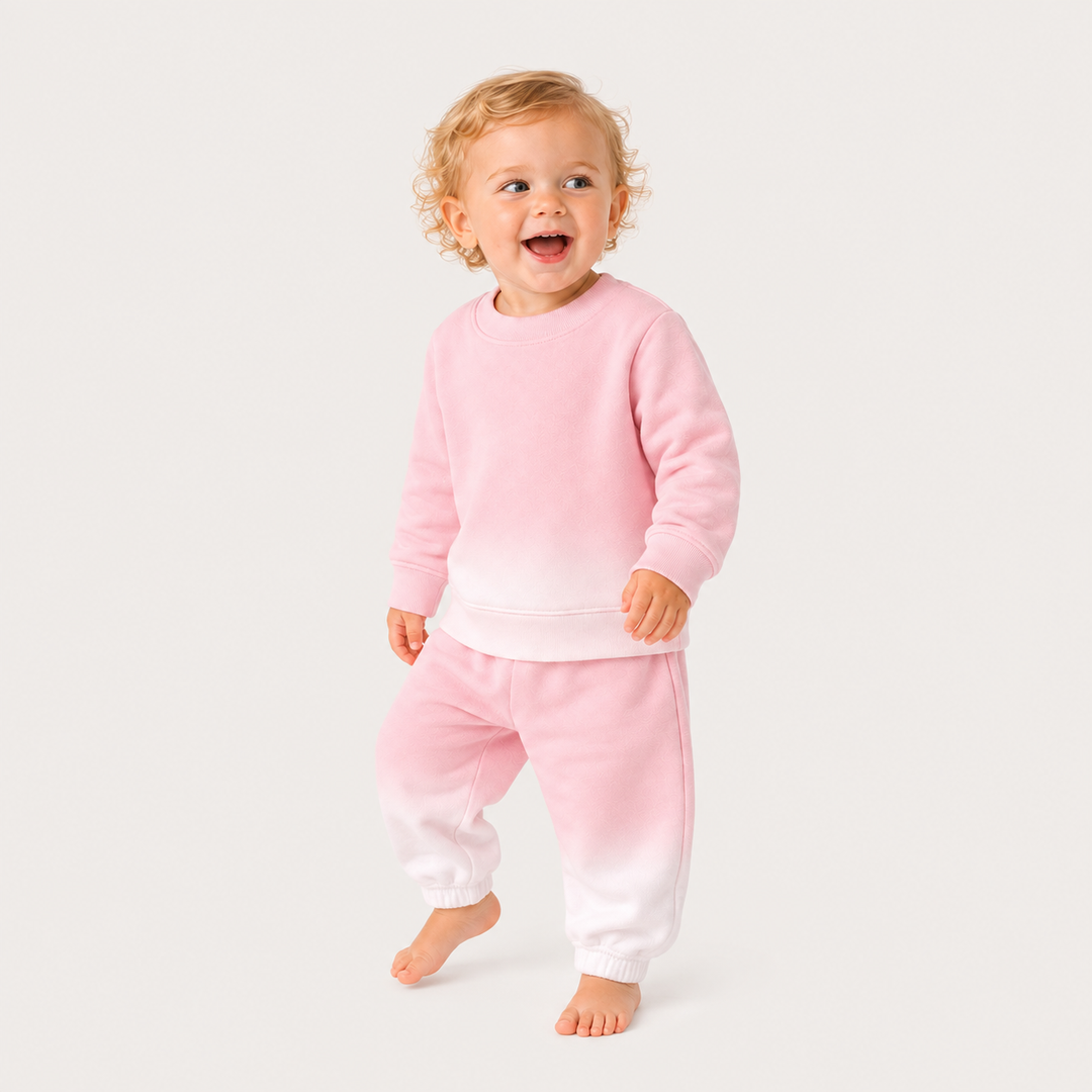 oddler wearing the PAIGELAUREN Ombre Pink Dip Dye Fleece Sweatshirt and Sweatpant Set