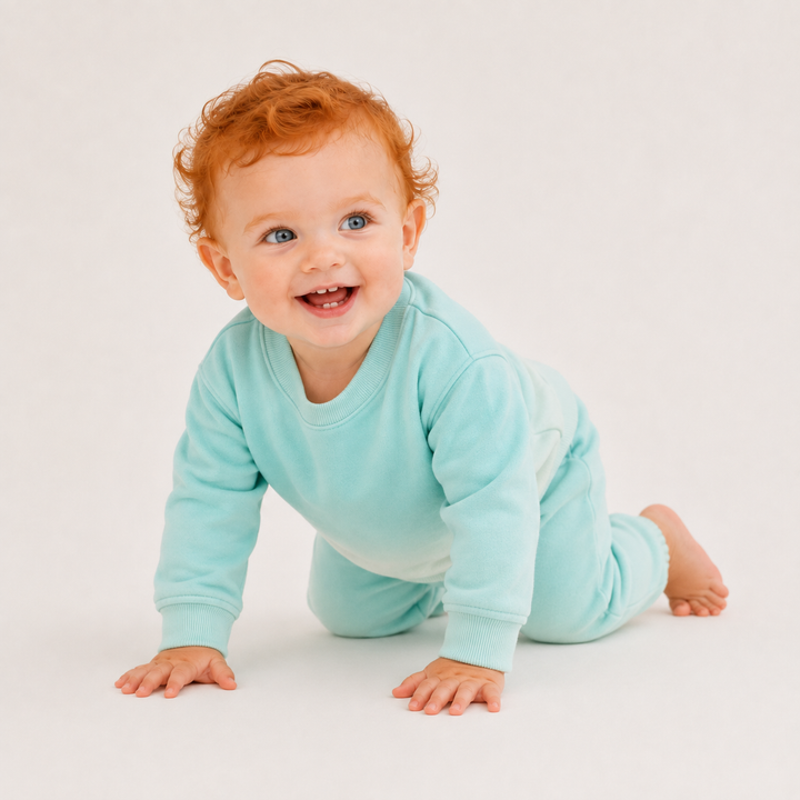 Baby wearing the PAIGELAUREN Ombre Teal Dip Dye Fleece Sweatshirt and Sweatpant Set