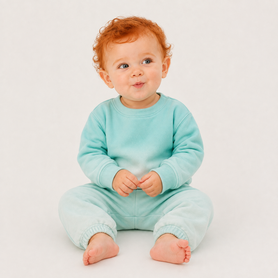 Toddler wearing the PAIGELAUREN Ombre Teal Dip Dye Fleece Sweatshirt and Sweatpant Set