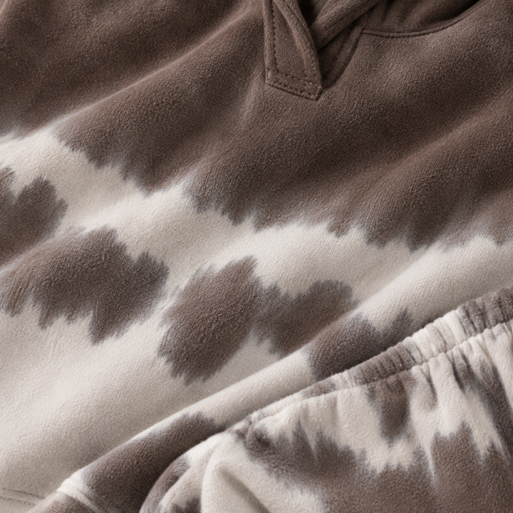 Close-up of PAIGELAUREN Brown Tie Dye fleece fabric and hand-dyed detail
