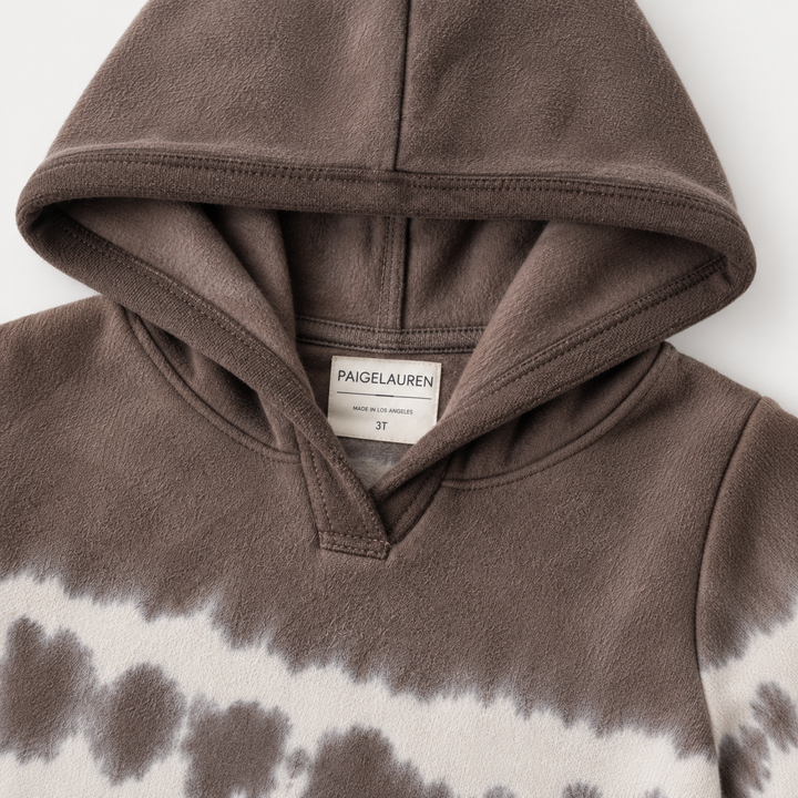 PAIGELAUREN Brown Tie Dye fleece hoodie neckline and hood detail