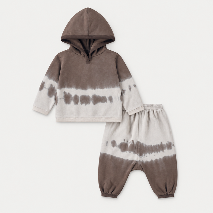 PAIGELAUREN Fleece Dip Dye Hoodie Loungewear Set in Brown Tie Dye