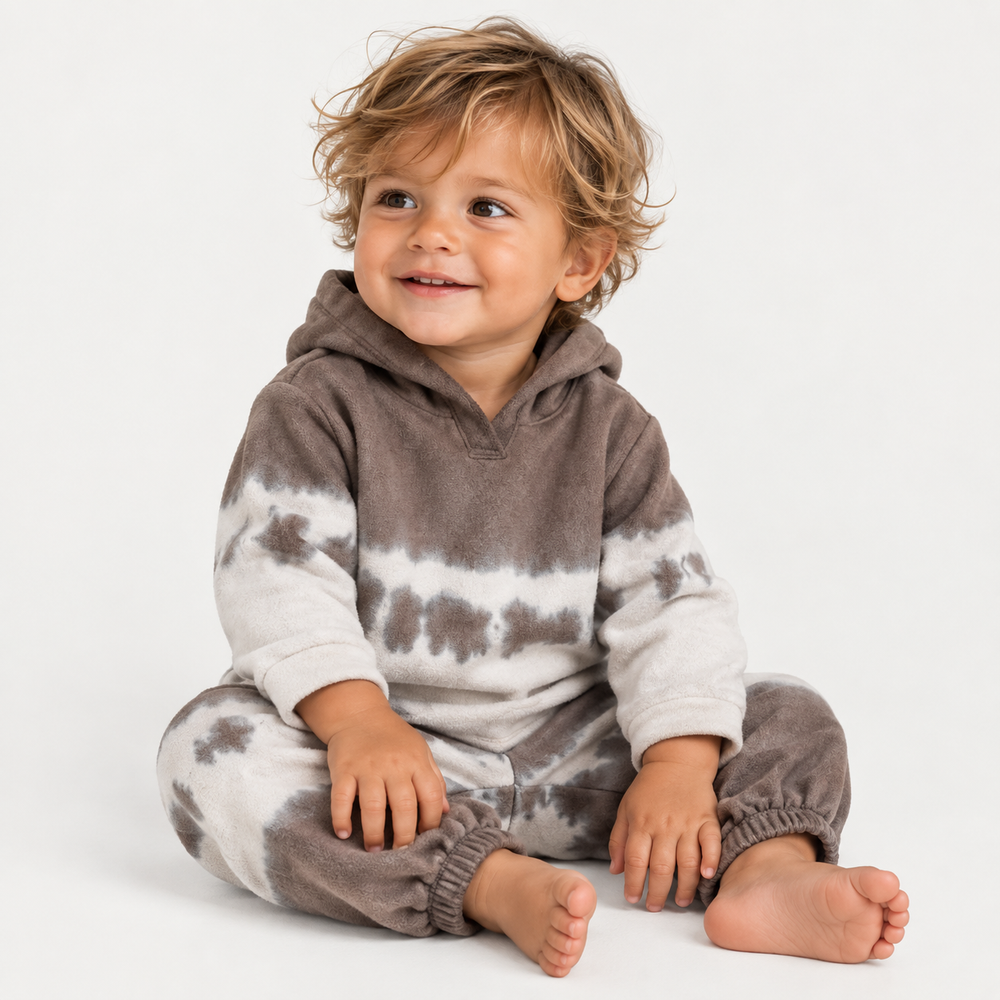 Toddler wearing PAIGELAUREN Fleece Dip Dye Hoodie Loungewear Set in Brown Tie Dye