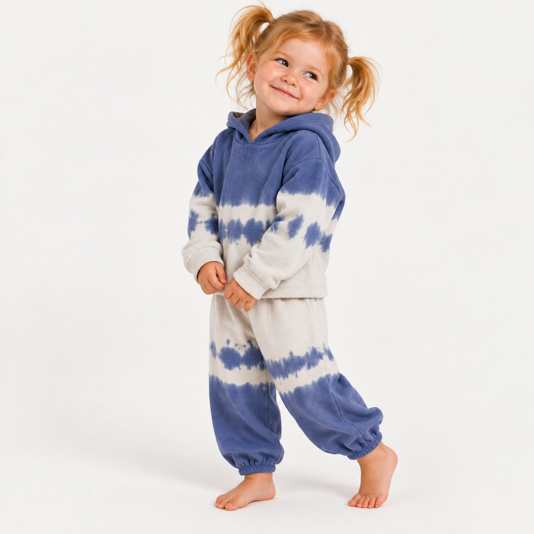 Toddler wearing PAIGELAUREN Fleece Dip Dye Hoodie Loungewear Set in Navy Tie Dye