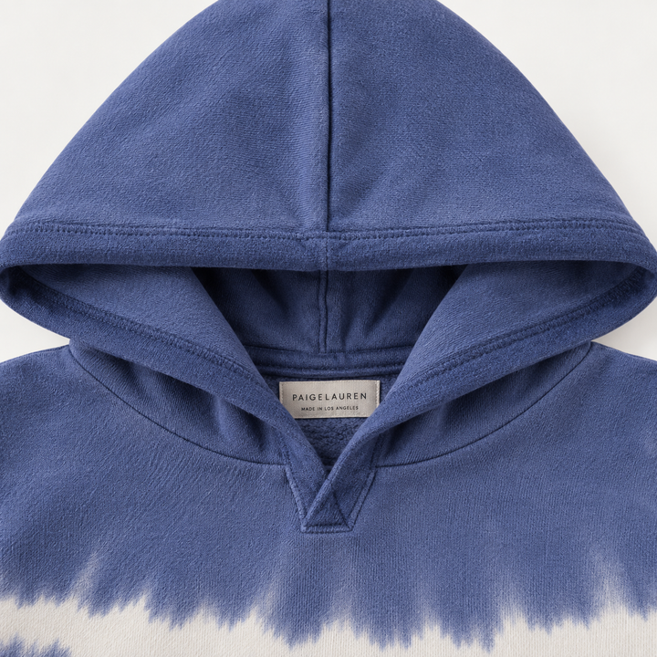 PAIGELAUREN Navy Tie Dye fleece hoodie neckline and hood detail