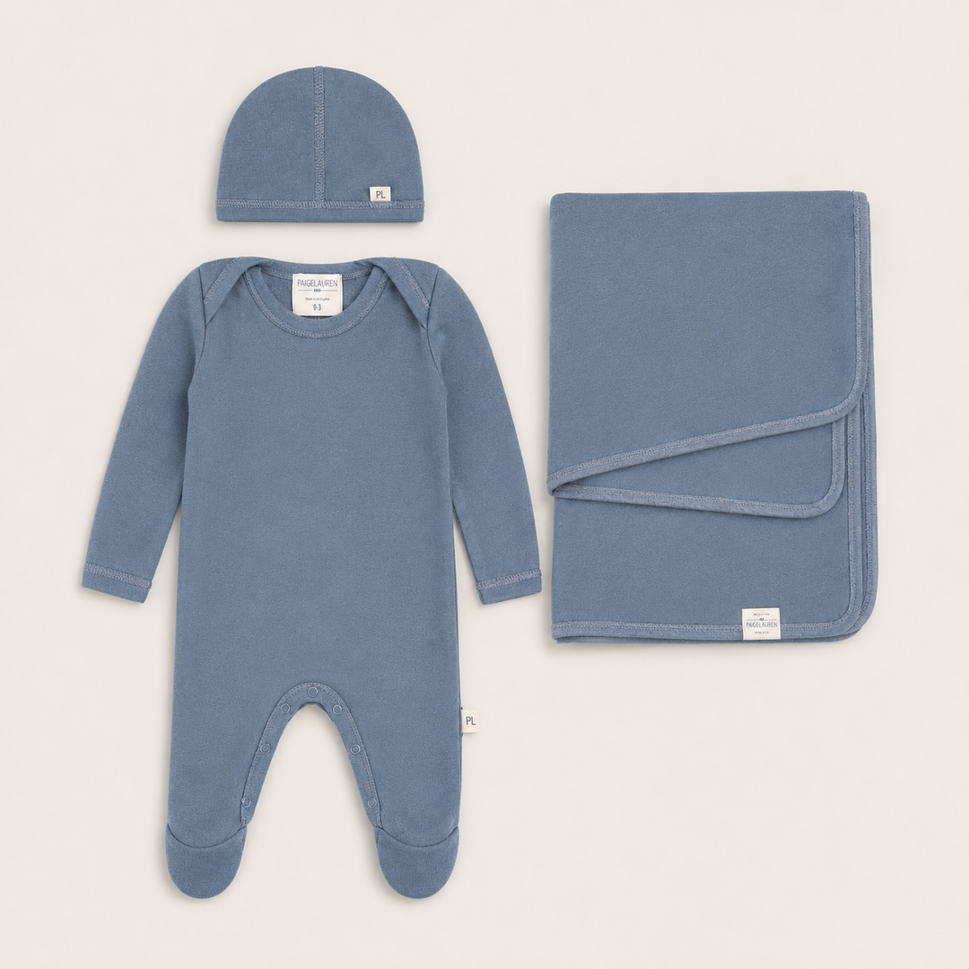 AIGELAUREN Fleece Newborn Essentials Set in Blue with footed romper, beanie and matching baby blanket