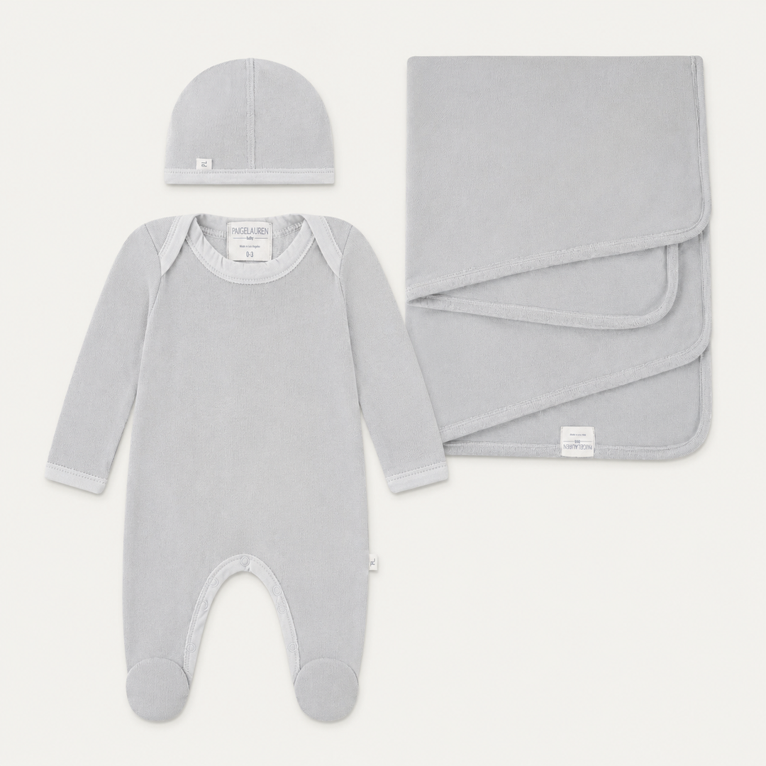 PAIGELAUREN Fleece Newborn Essentials Set in Gray with footed romper, beanie and matching baby blanket