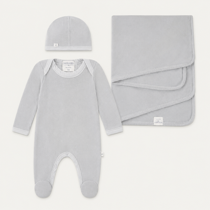 PAIGELAUREN Fleece Newborn Essentials Set in Gray with footed romper, beanie and matching baby blanket