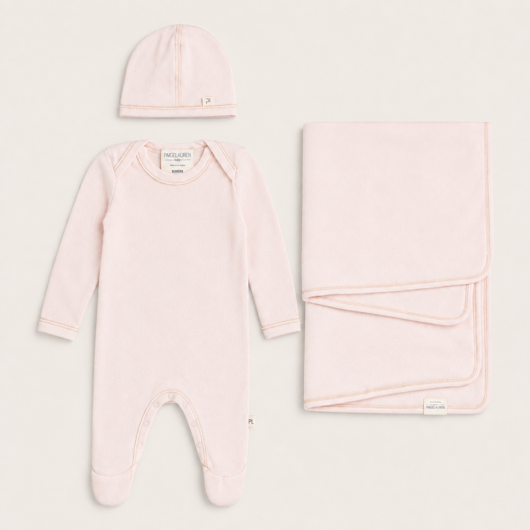 PAIGELAUREN Fleece Newborn Essentials Set in Pink with footed romper, beanie and matching baby blanket