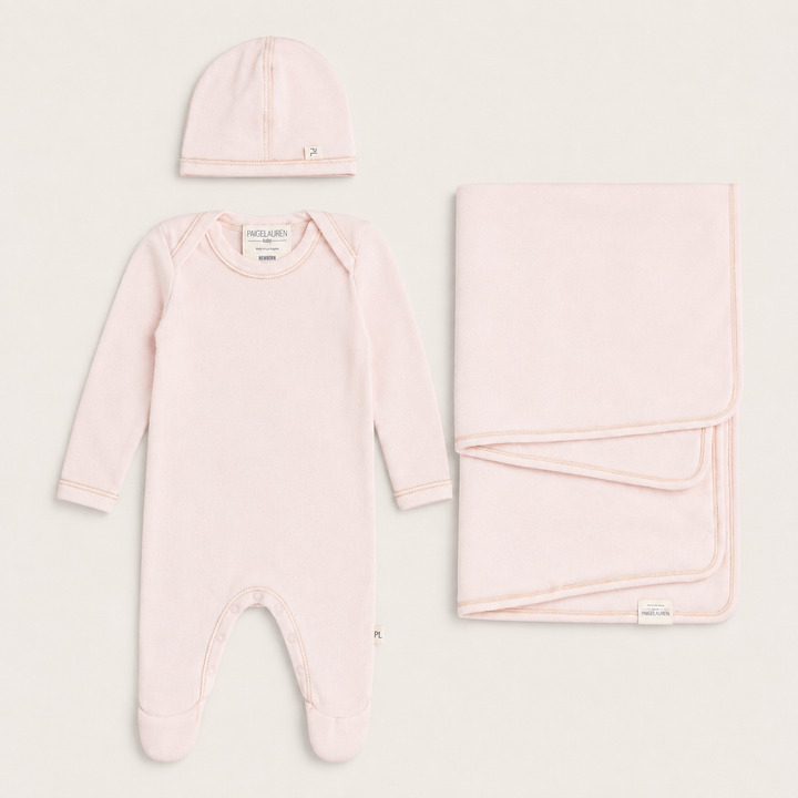 PAIGELAUREN Fleece Newborn Essentials Set in Pink with footed romper, beanie and matching baby blanket